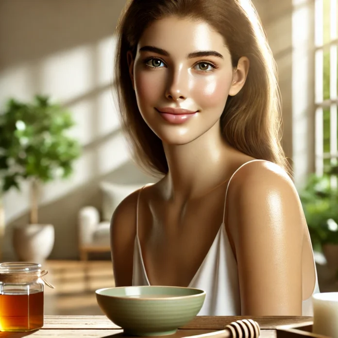 A young woman with glowing, radiant skin, sitting in a softly lit room with natural sunlight streaming through a window. She is mid-skincare routine with natural products like honey and a bowl of water on a wooden table in front of her, surrounded by green plants in a serene, minimalistic space.