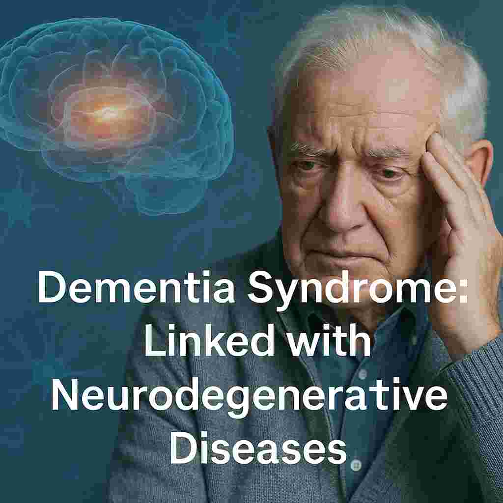 Elderly man holding his head with a digital brain graphic beside him, representing dementia syndrome and its connection to neurodegenerative diseases.