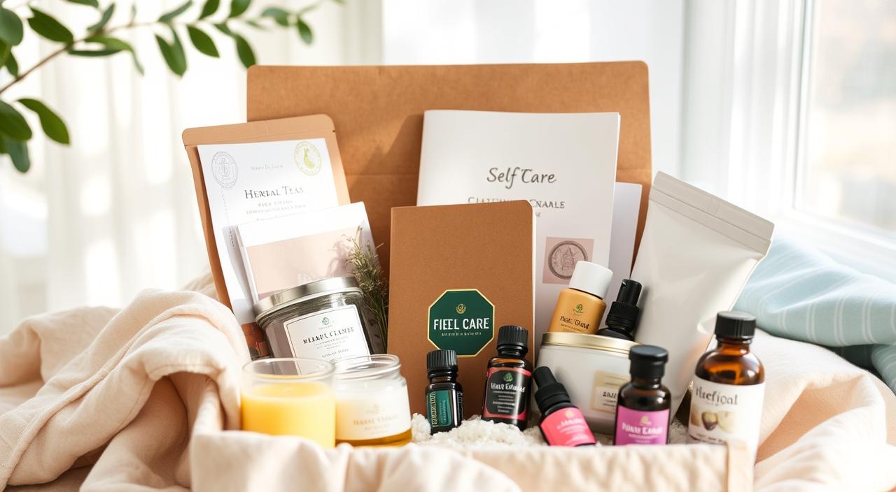 Flat lay of a mental health subscription box featuring a journal, essential oil bottle, candle, crystal, and fidget toy on a beige background with title overlay.