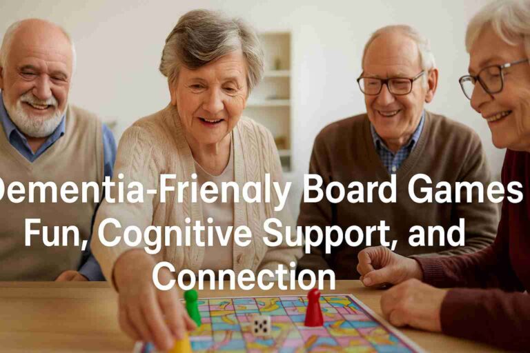 Elderly people enjoying a dementia-friendly board game together in a warm, bright room.