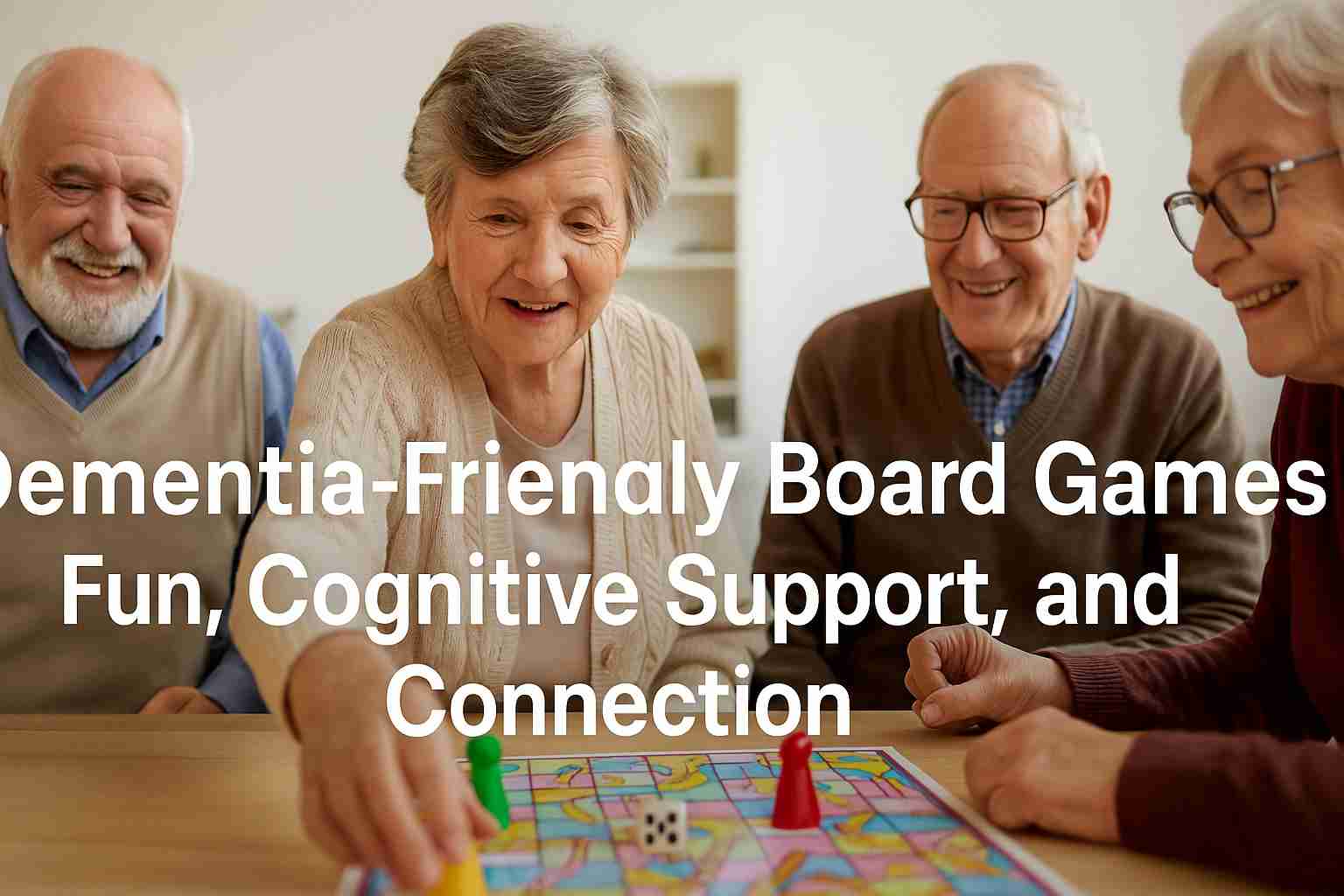 Elderly people enjoying a dementia-friendly board game together in a warm, bright room.