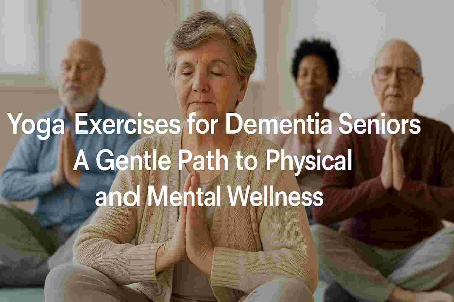 Seniors doing yoga in a calm room with text overlay: Yoga Exercises for Dementia Seniors – A Gentle Path to Physical and Mental Wellness