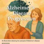 Illustration of an elderly man looking downward with a concerned caregiver behind him, and a brain graphic breaking into pieces above, representing Alzheimer’s disease progression.