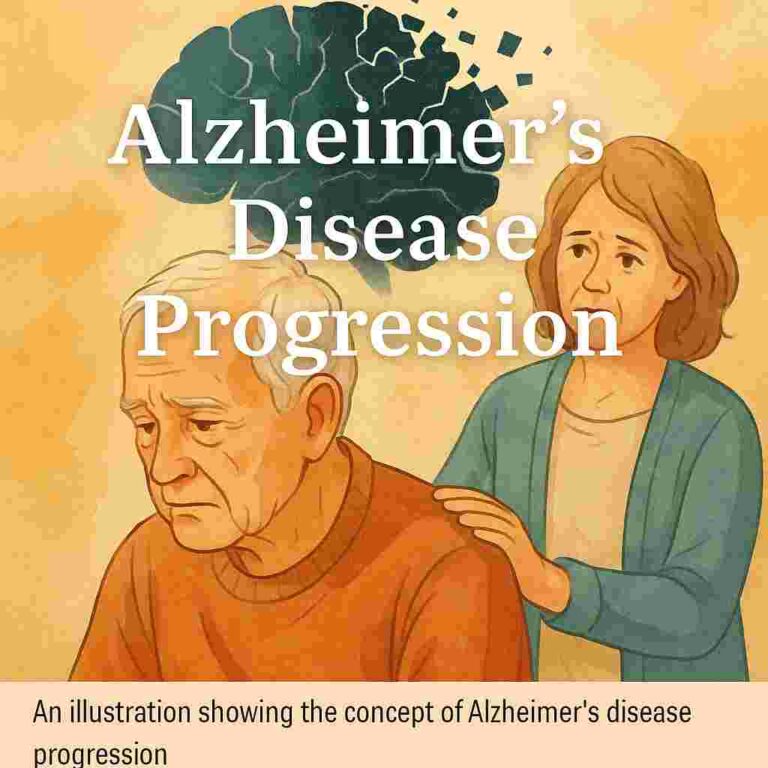 Illustration of an elderly man looking downward with a concerned caregiver behind him, and a brain graphic breaking into pieces above, representing Alzheimer’s disease progression.