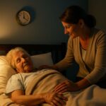 Elderly dementia patient sleeping peacefully at night with a caregiver nearby, soft lighting and cozy bedroom setting promoting better sleep.