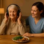 Elderly dementia patient enjoying music therapy with caregiver, magnesium-rich foods on table, promoting better sleep and mental health.
