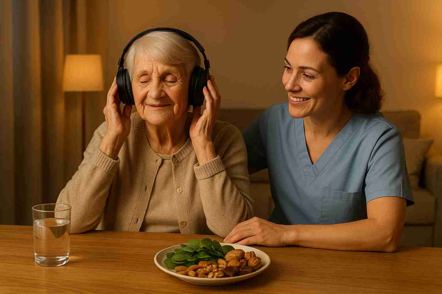 Elderly dementia patient enjoying music therapy with caregiver, magnesium-rich foods on table, promoting better sleep and mental health.