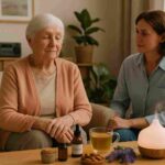 Natural Remedies for Dementia Patients ,Elderly dementia patient relaxing with caregiver in a peaceful room filled with essential oils, herbal tea, plants, and memory-supportive tools