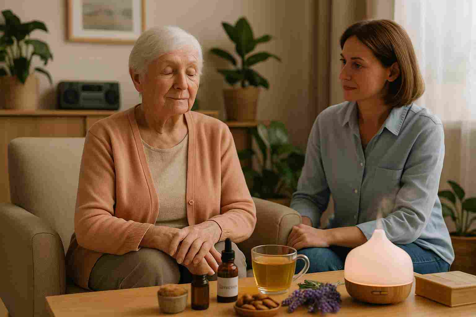 Natural Remedies for Dementia Patients ,Elderly dementia patient relaxing with caregiver in a peaceful room filled with essential oils, herbal tea, plants, and memory-supportive tools