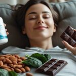 A calm person holding magnesium supplement with nuts, leafy greens, and dark chocolate nearby—representing natural mental health support