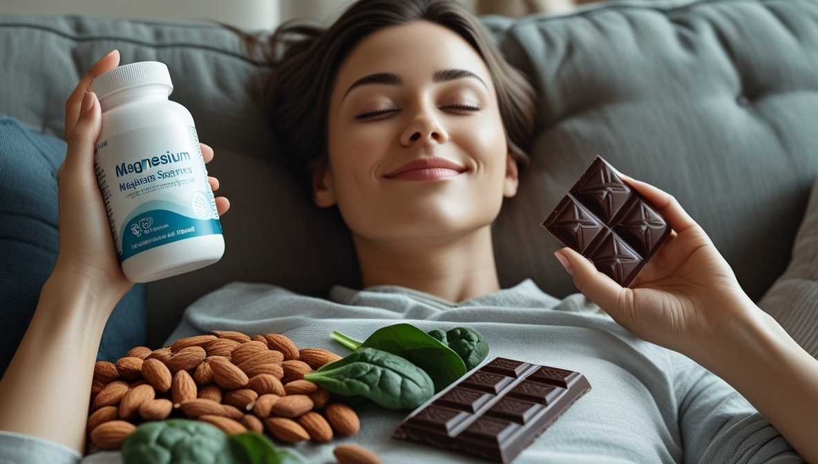 A calm person holding magnesium supplement with nuts, leafy greens, and dark chocolate nearby—representing natural mental health support