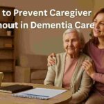 A Prevent Caregiver Burnout and elderly dementia patient sitting together at home with a care plan on the table, symbolizing support and stress prevention.
