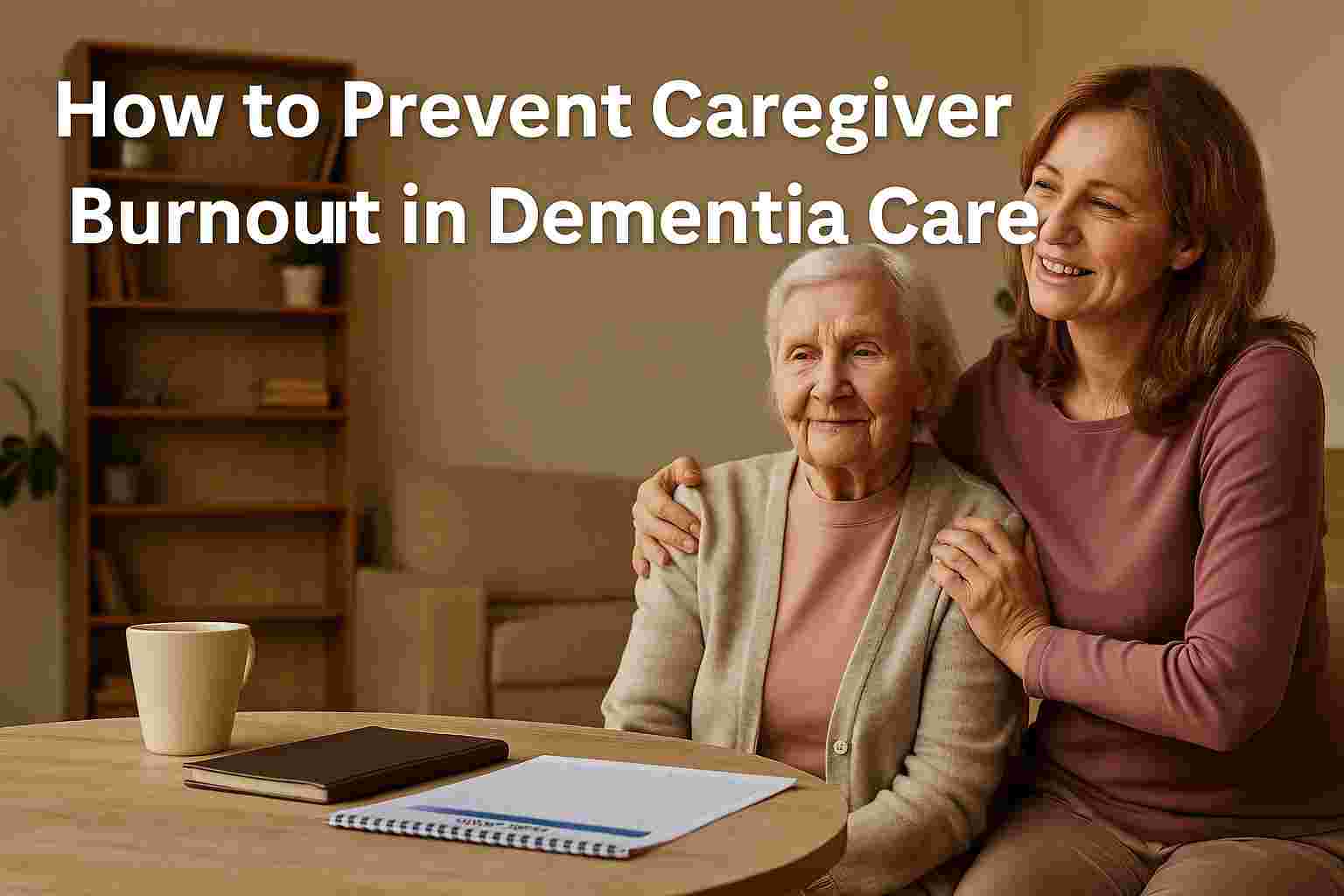 A Prevent Caregiver Burnout and elderly dementia patient sitting together at home with a care plan on the table, symbolizing support and stress prevention.