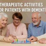 Four senior dementia patients playing a colorful board game together in a bright room, smiling and engaging in therapeutic cognitive activity.