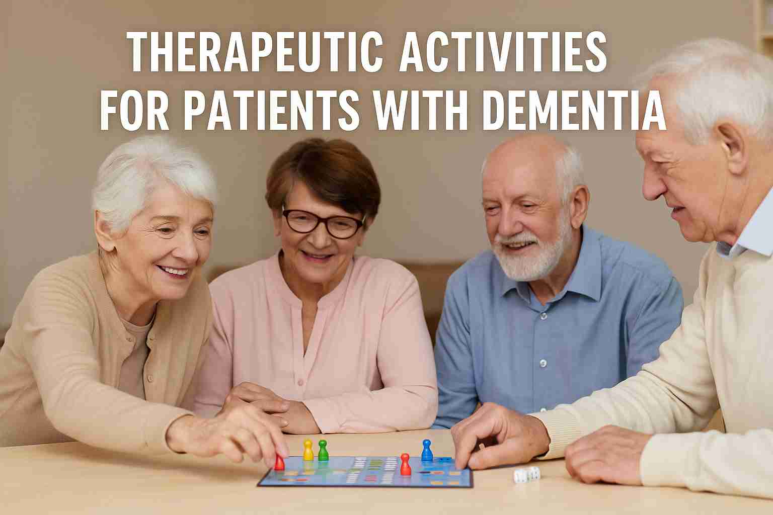 Four senior dementia patients playing a colorful board game together in a bright room, smiling and engaging in therapeutic cognitive activity.