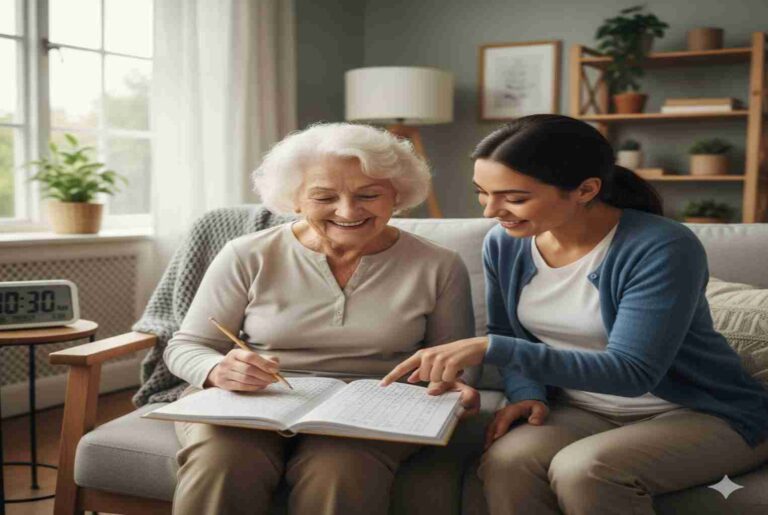 Senior woman solving an easy crossword puzzle with caregiver support for dementia care and memory improvemen